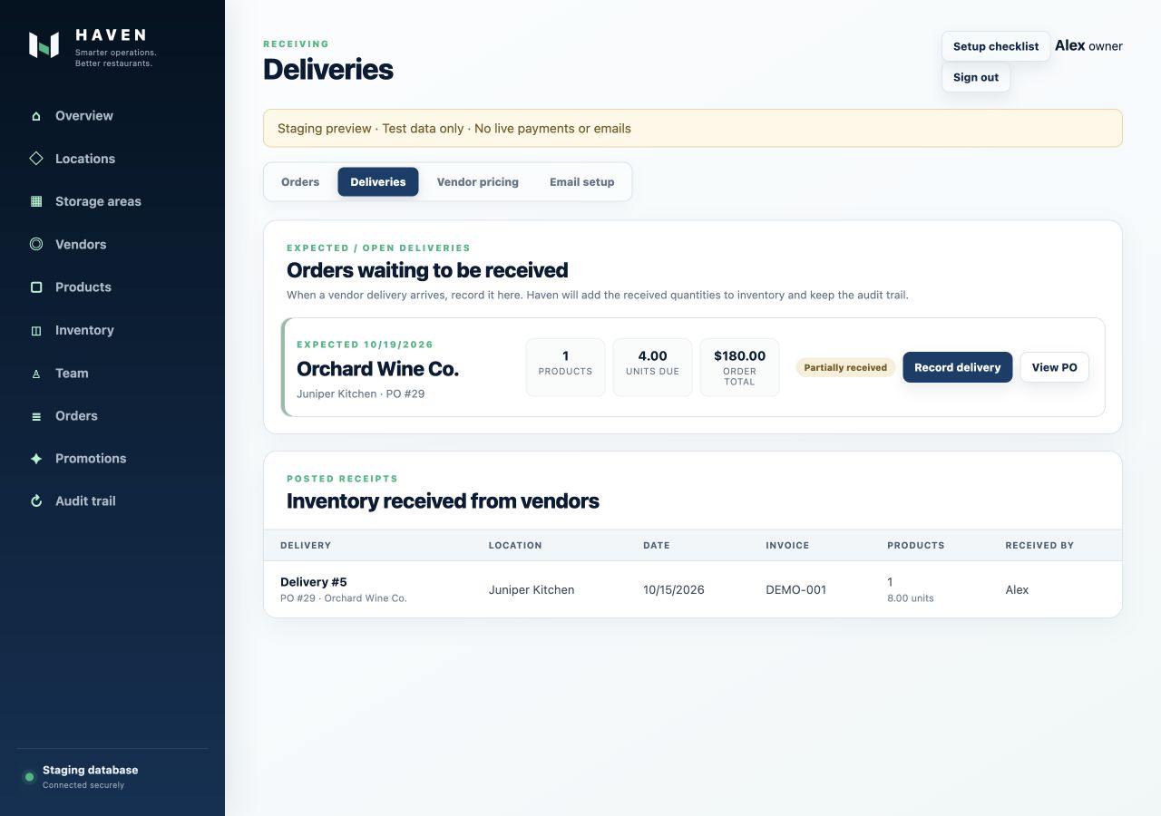 Haven deliveries showing eight units received and four still due from a fictional supplier.